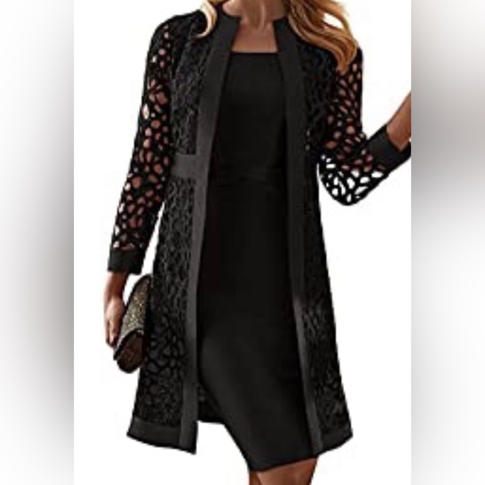 Women’s Formal 2 Piece Set With Lace Jacket, and Dress, Black, Size Large.